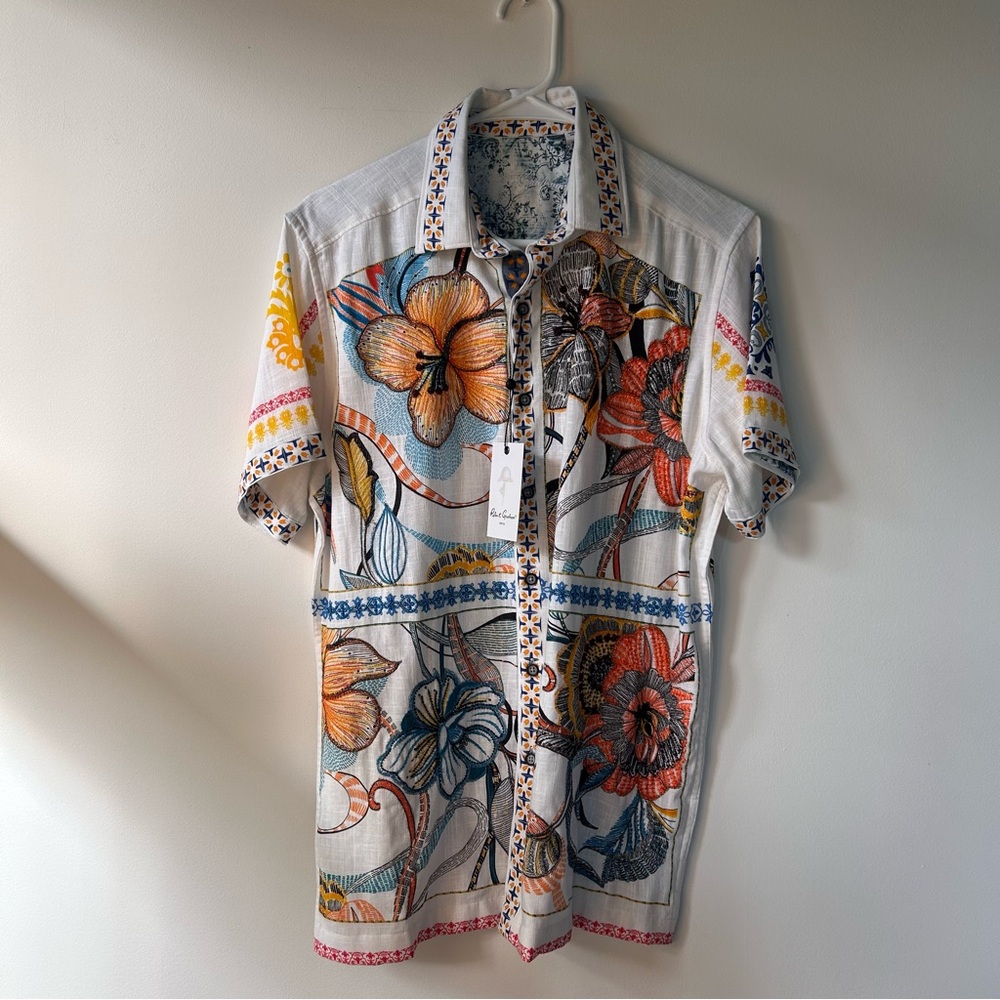 Robert Graham White Short-Sleeve Button-Down with Multicolor Floral Print